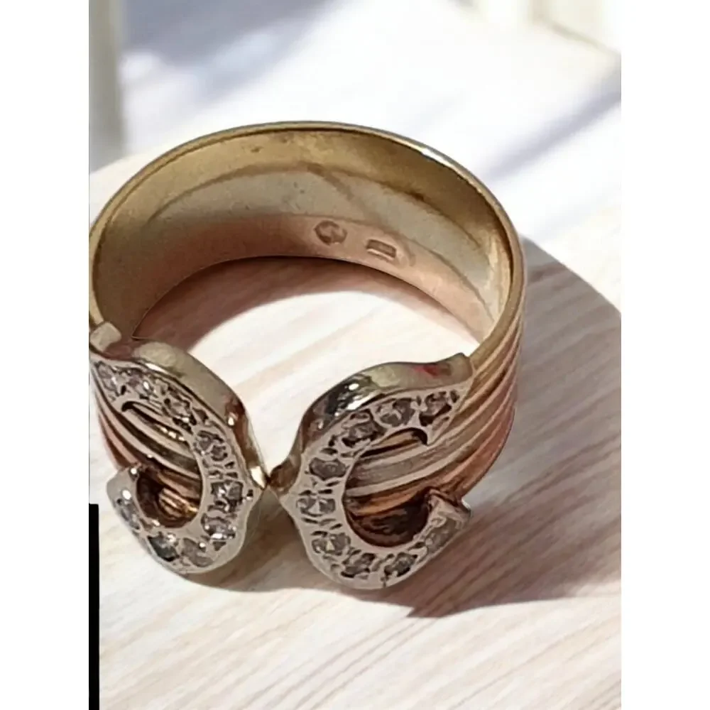 14K Tri-Color Gold Open Cuff Ring Pave Sparkling Stones Statement Bold Design